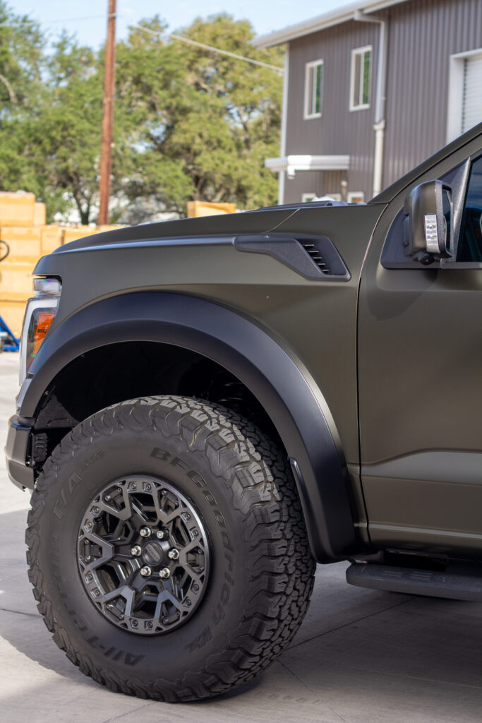 Front fender and BFGoodrich tire of Raptor R wrapped in XPEL Stealth PPF