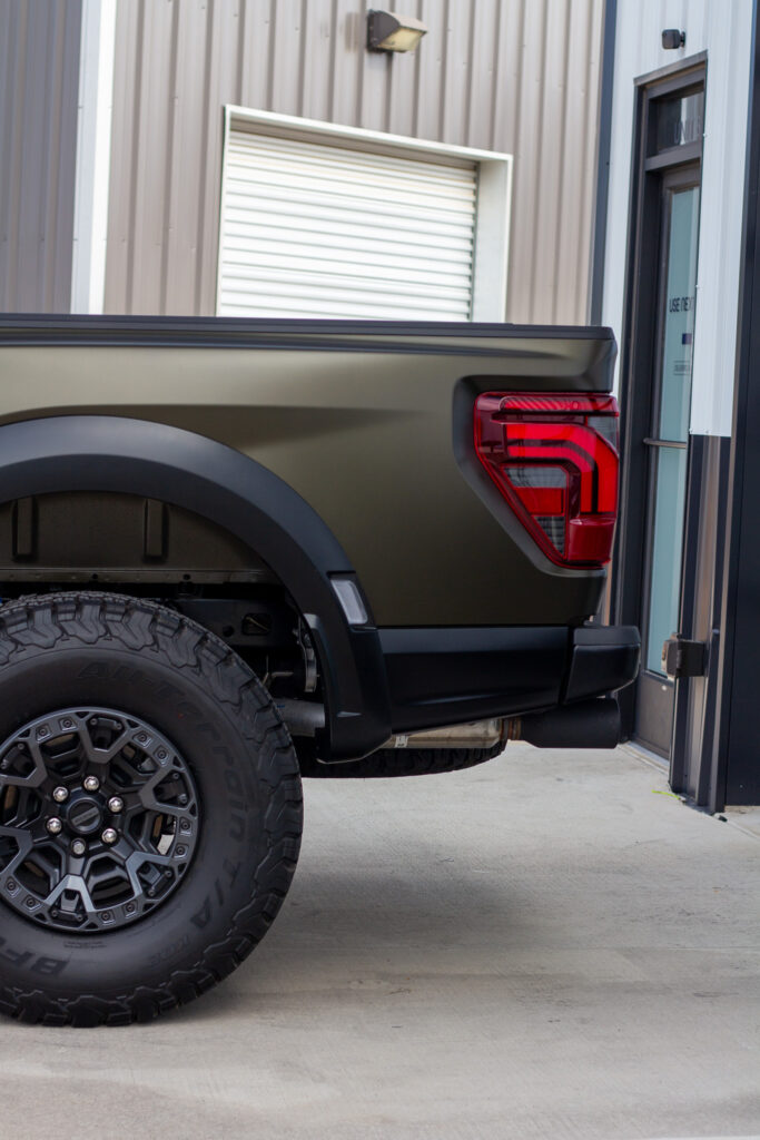 Rear quarter panel and tail light of Ford Raptor R with matte PPF