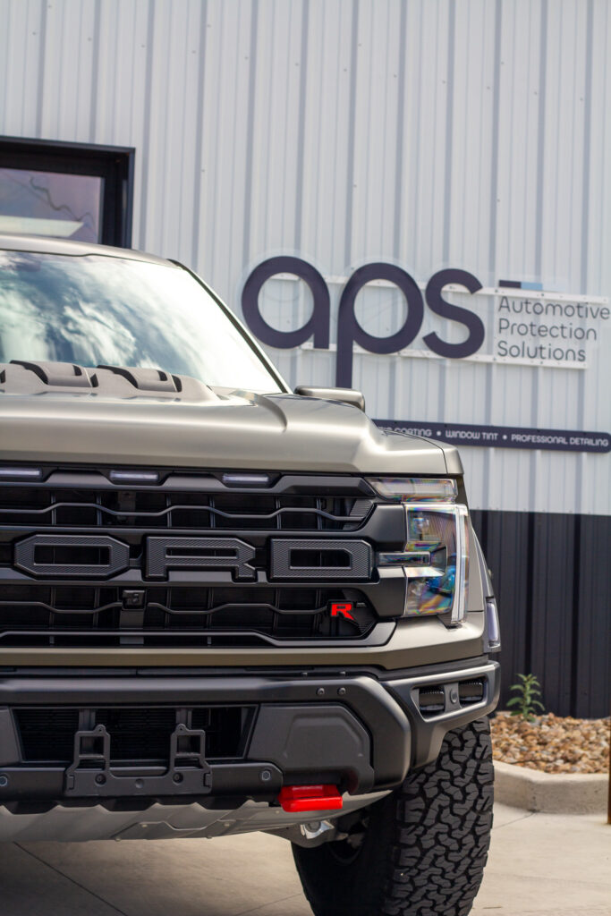 Ford Raptor R with matte PPF in front of APS Automotive Protection Solutions shop in Austin