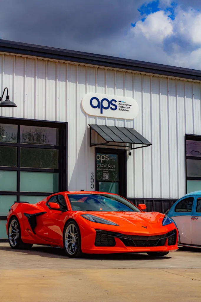 Orange Corvette Z06 with PPF at APS in Austin, TX