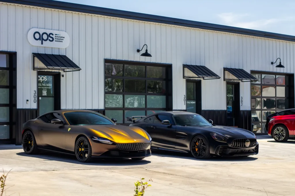 Ferrari Roma and AMG GT R with satin PPF at APS in Austin, TX