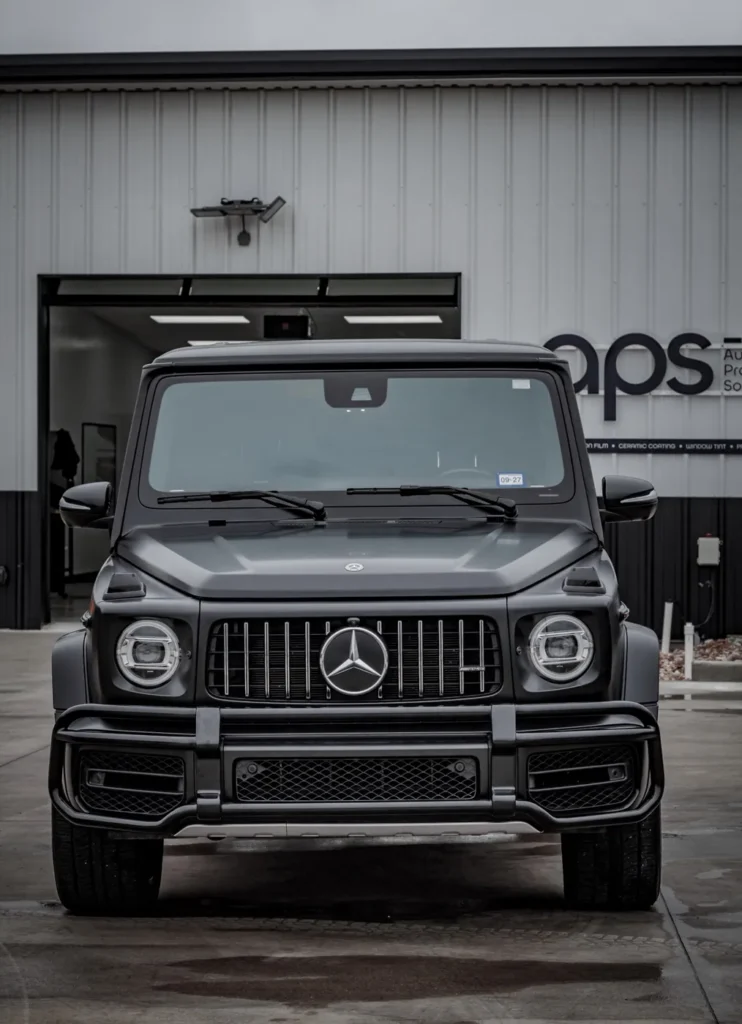 Front view of a satin black G63 with XPEL Stealth PPF at APS Austin